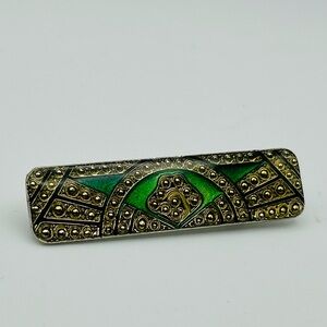 Vintage Art Deco Enamel Geometric Irish Kelly Green Gold Bar Pin Brooch Retro
